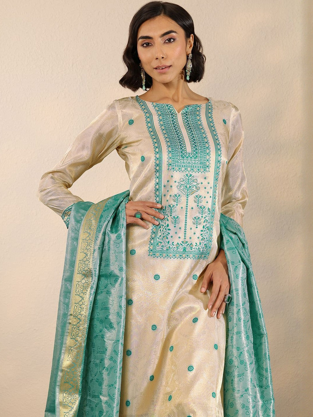 Woven Design Straight Round Neck Kurta With Trouser & Dupatta