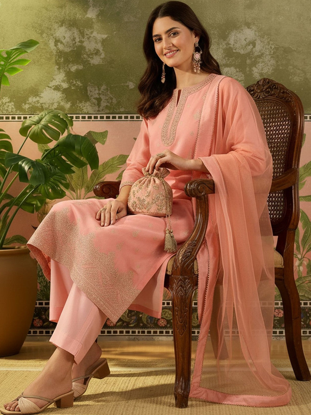 Women Ethnic Motifs Embroidered Regular Chanderi Cotton Kurta with Trousers & With Dupatta