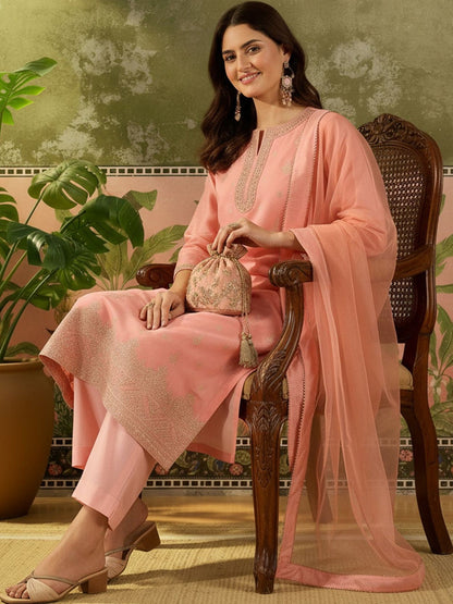 Women Ethnic Motifs Embroidered Regular Chanderi Cotton Kurta with Trousers & With Dupatta