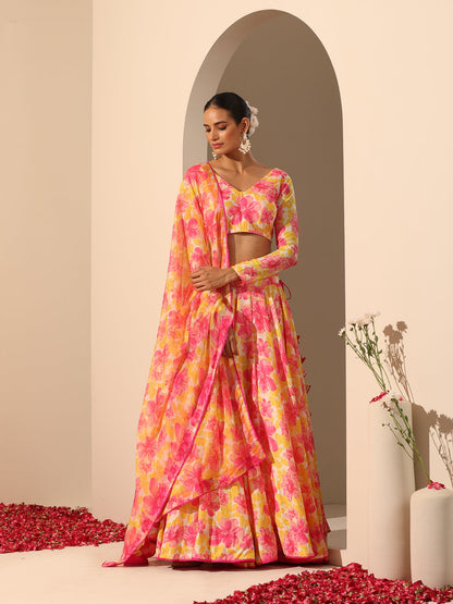 Gul Rangrez Yellow Muslin Silk Lehenga With Chiffon Dupatta Set