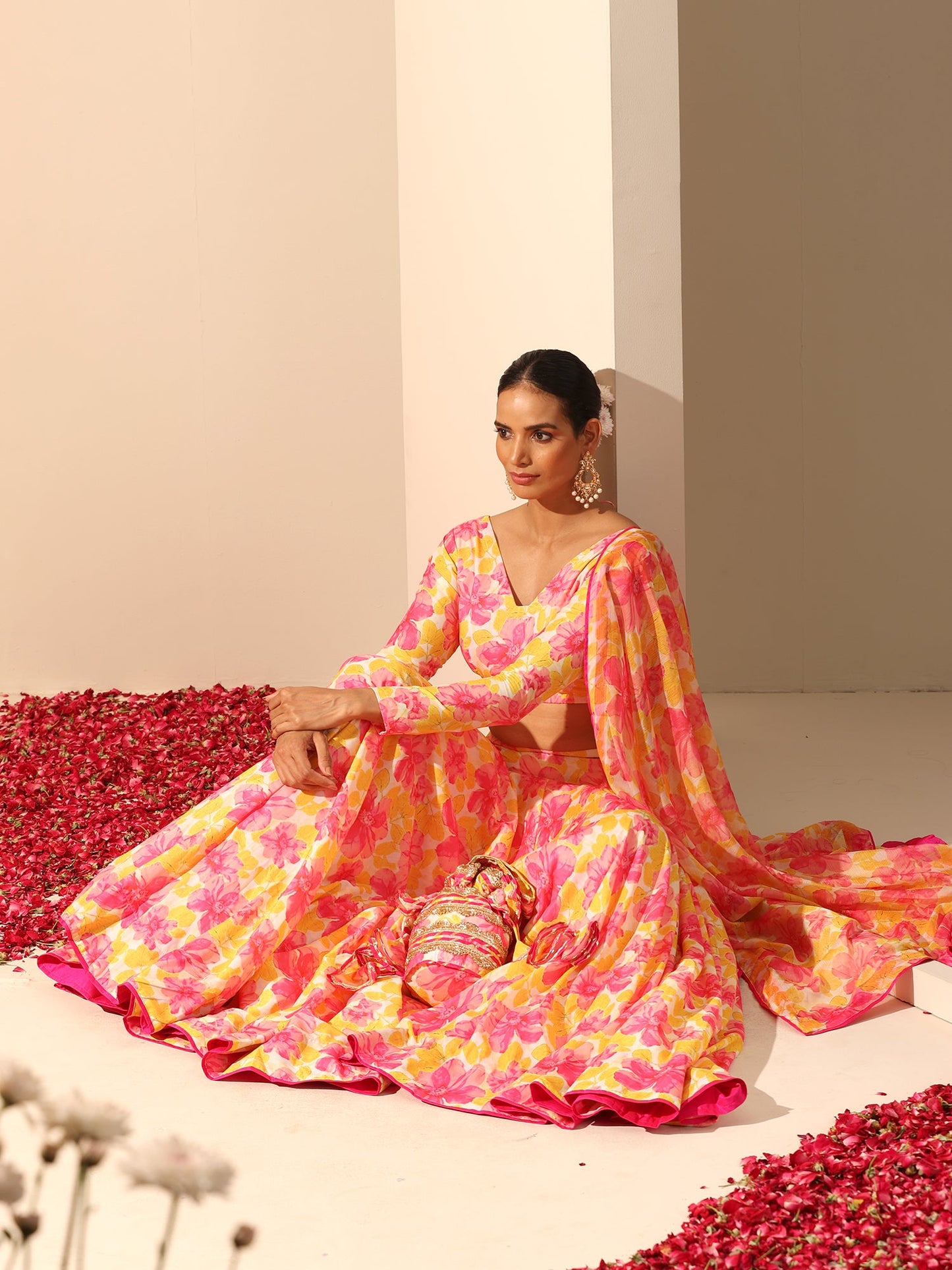 Gul Rangrez Yellow Muslin Silk Lehenga With Chiffon Dupatta Set