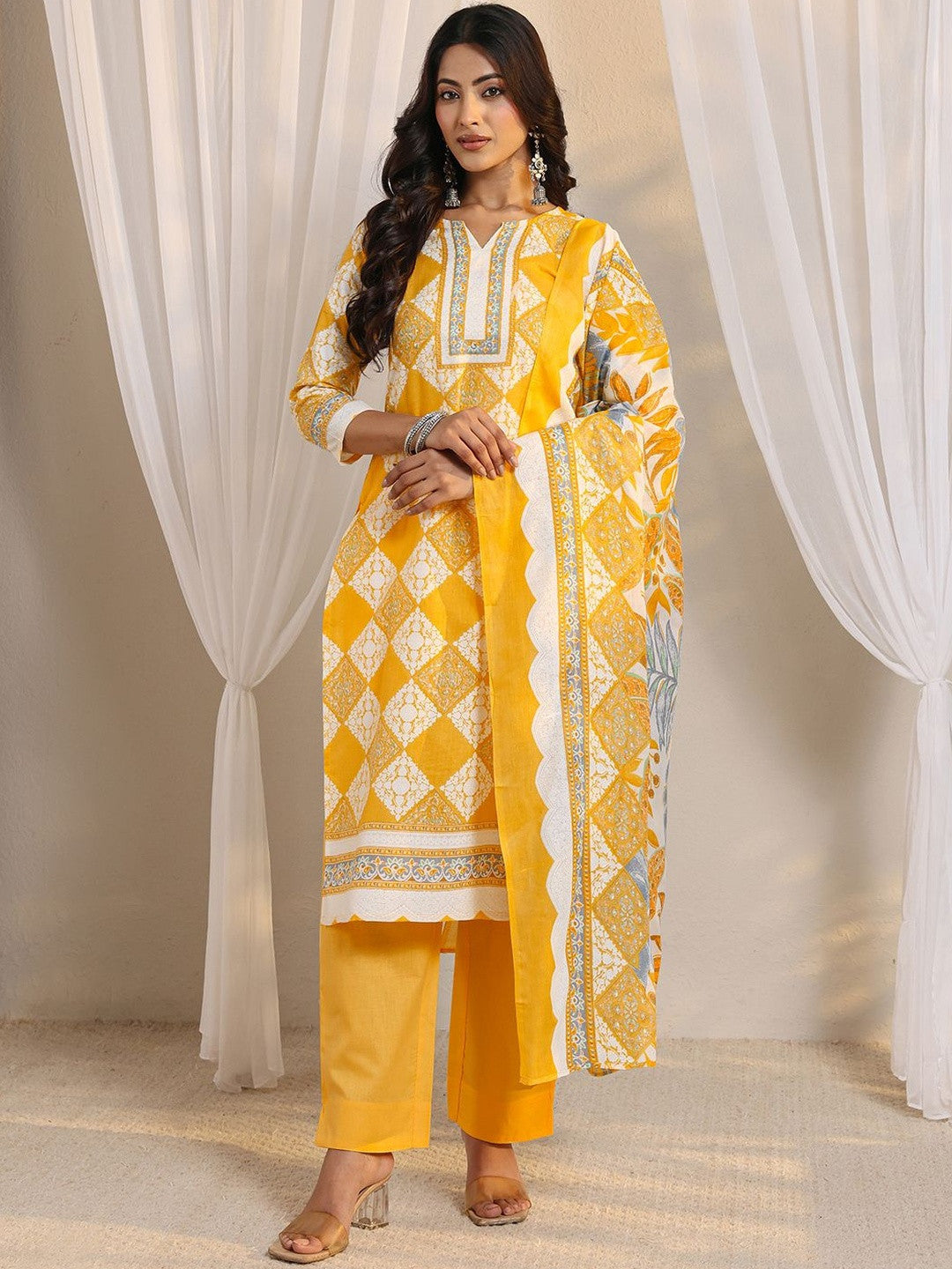 Libas Yellow Geometric Printed Straight Suit Set with Dupatta