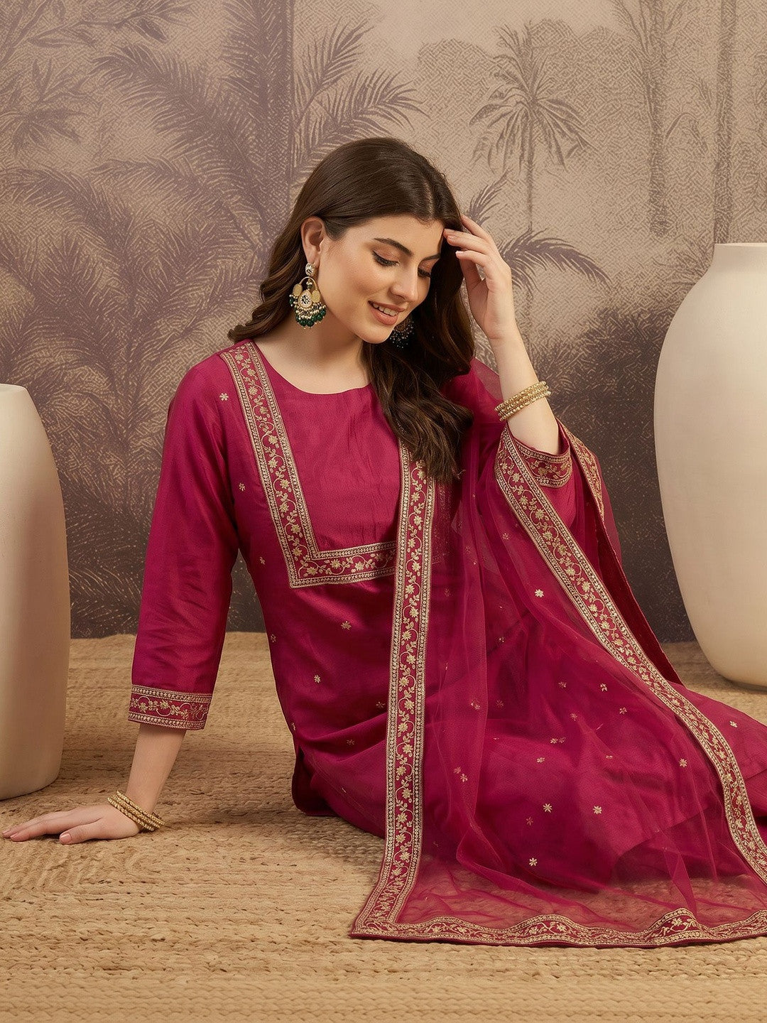 Embroidered Round Neck Kurta & Trousers With Dupatta Set