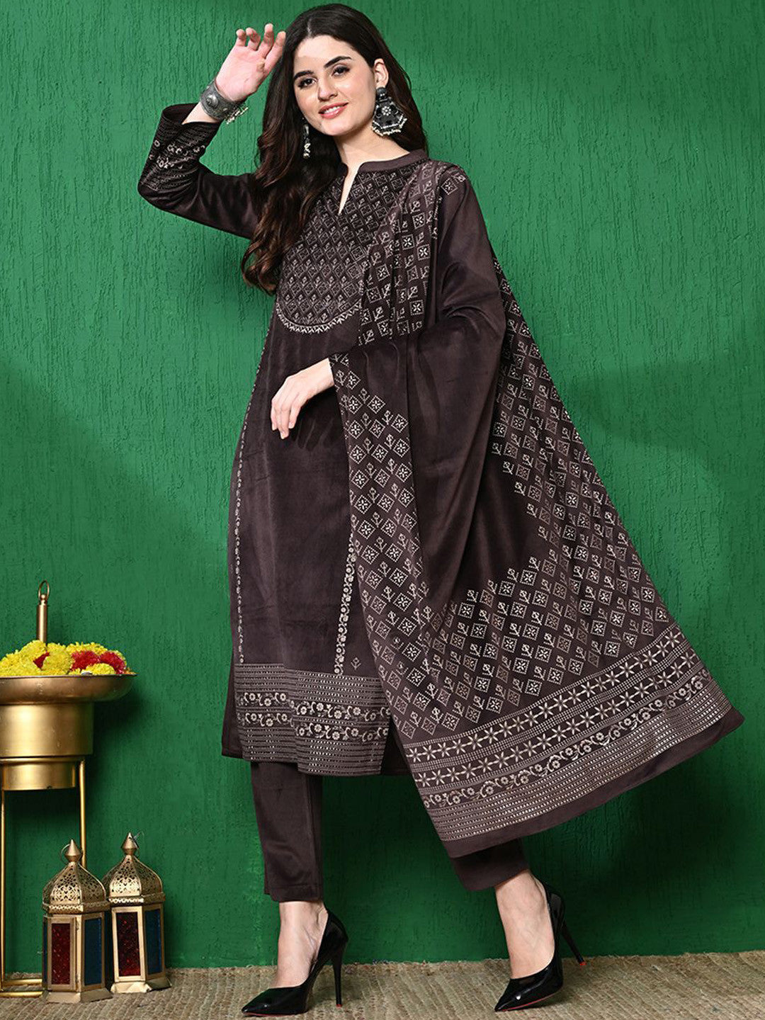 Ethnic Motifs Winter Velvet Straight Kurta & Trouser With Dupatta