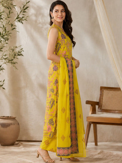 Women Floral Printed Regular Pure Cotton Kurta with Palazzos & With Dupatta