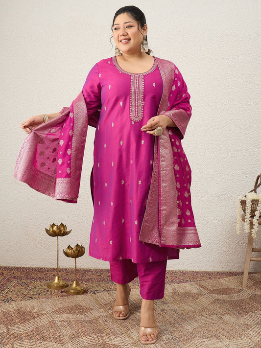 Dhiyona Women's Ethnic Motifs Embroidered Regular Kurta with Trousers & With Dupatta