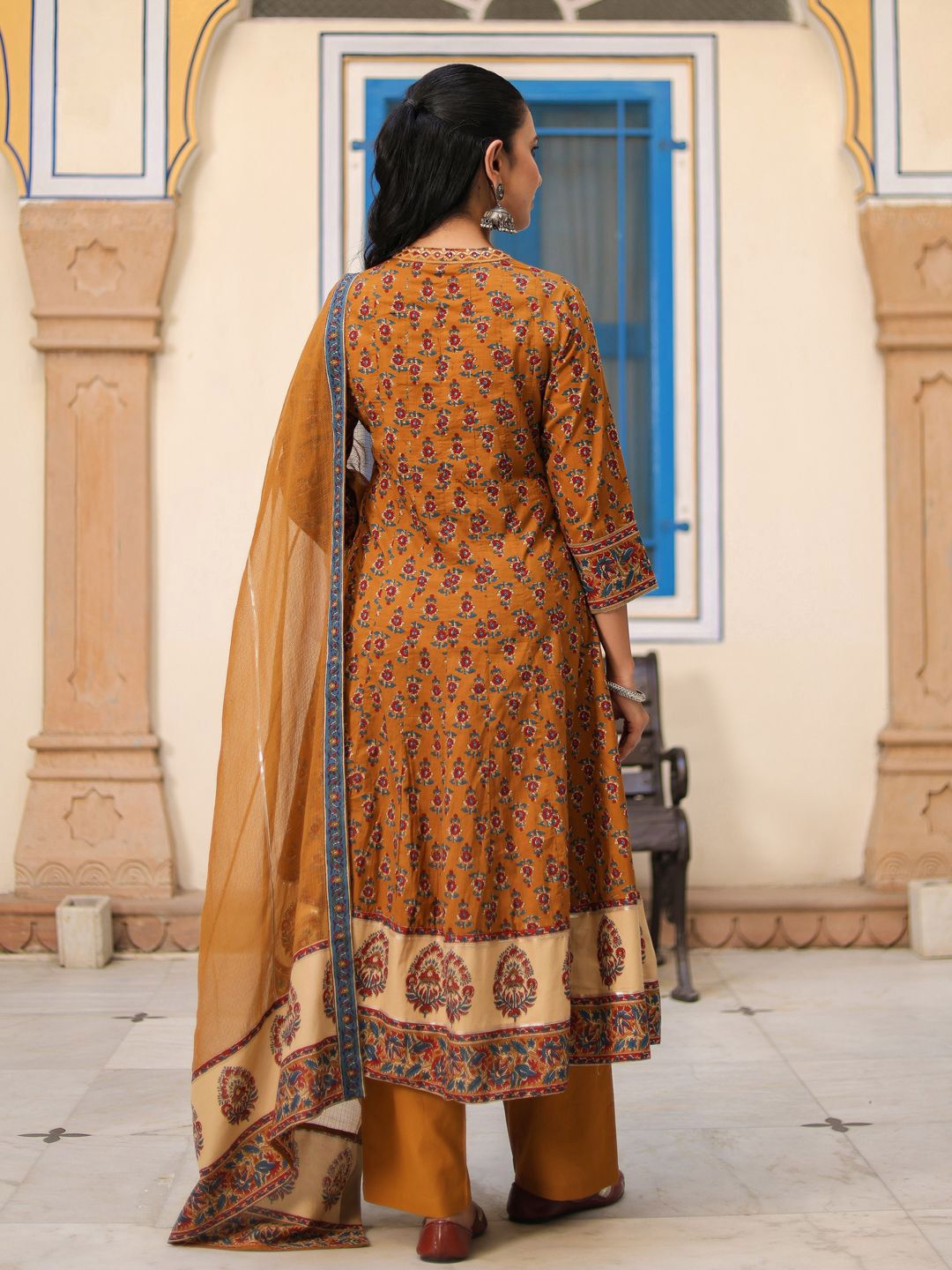 Dhiyona RR Women's Ethnic Motifs Printed Cotton Anarkali Kurta with Trousers & Dupatta