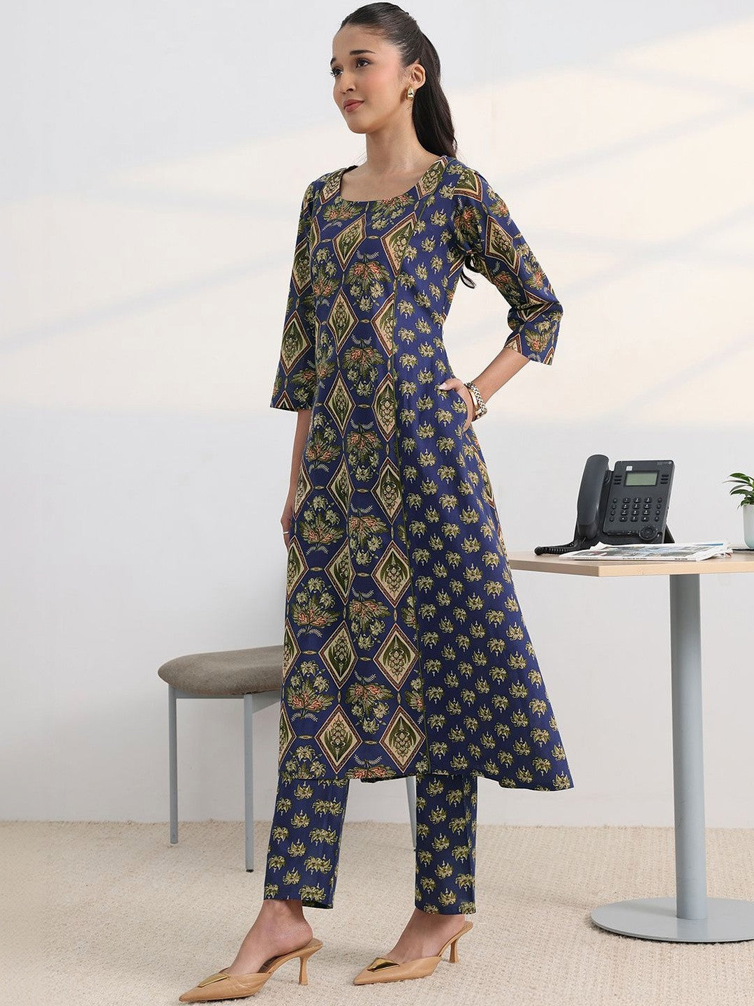Libas Blue Floral Printed Cotton Blend A-Line Kurta Set