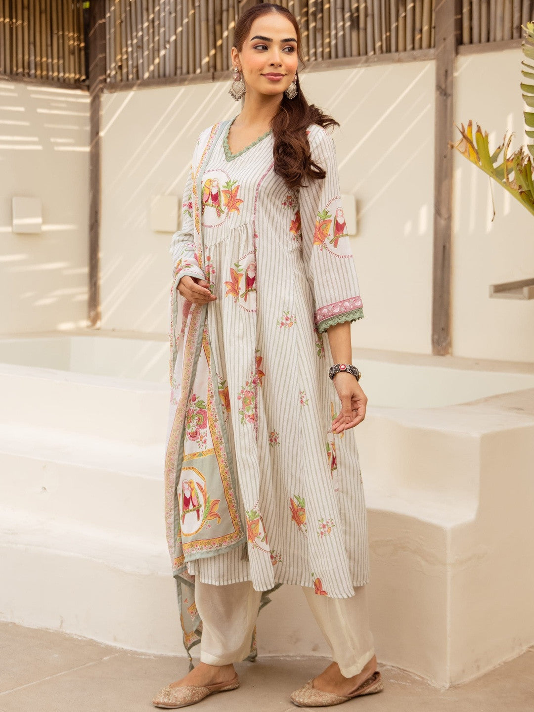 Printed V-Neck Kurta & Trousers With Dupatta