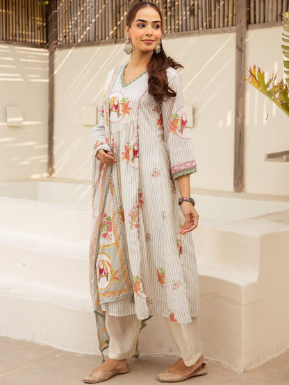Printed V-Neck Kurta & Trousers With Dupatta