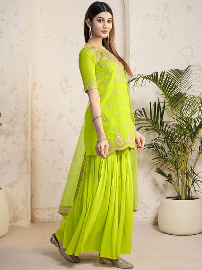 Dhiyona IN Women Ethnic Motifs Embroidered Regular Sequinned Kurta with Sharara & With Dupatta