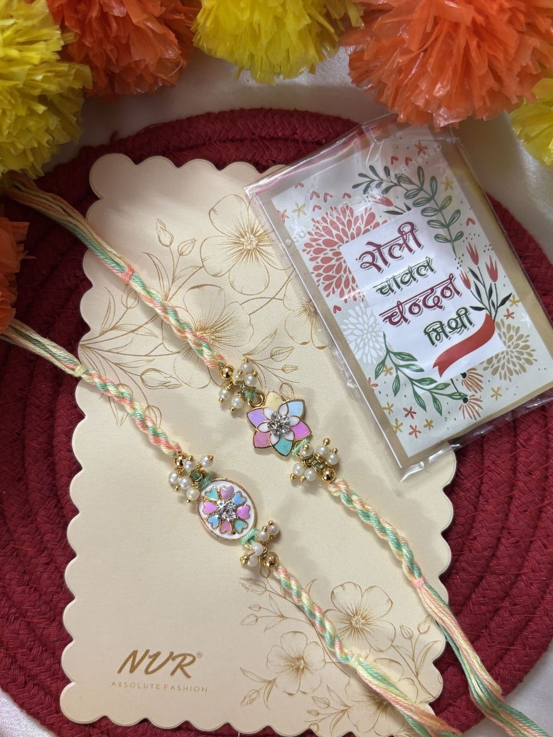 Dhiyona Set Of 2 Meenakari Floral Thread Rakhi With Roli Chawal Chandan Mishri