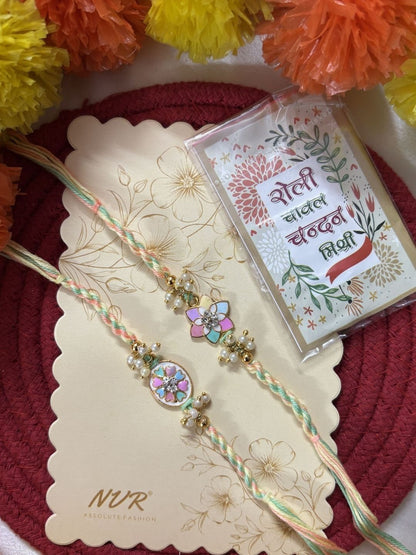 Dhiyona Set Of 2 Meenakari Floral Thread Rakhi With Roli Chawal Chandan Mishri