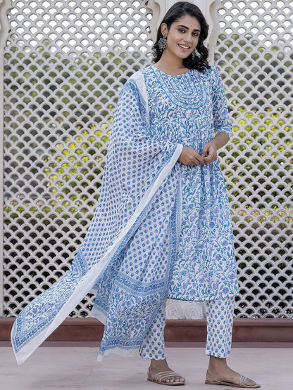 Dhiyona KL Floral Printed Mirror Work Anarkali Pure Cotton Kurta With Trousers & Dupatta