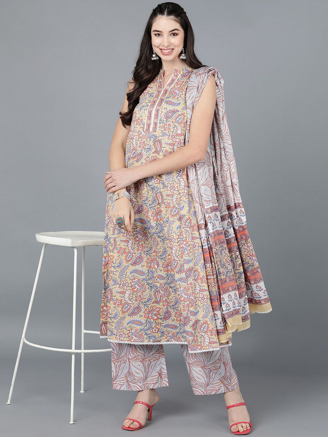 Dhiyona KL Floral Printed Pure Cotton Anarkali Kurta with Trousers & Dupatta