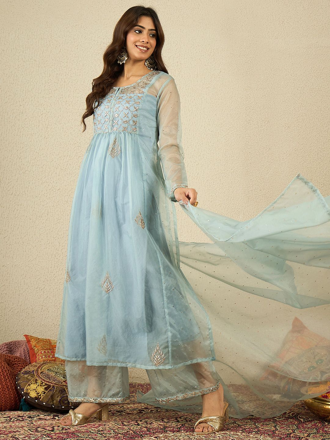 Dhiyona IN Women Ethnic Zari Mukaish Embroidered Kurta Set with Dupatta