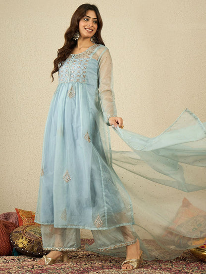 Dhiyona IN Women Ethnic Zari Mukaish Embroidered Kurta Set with Dupatta