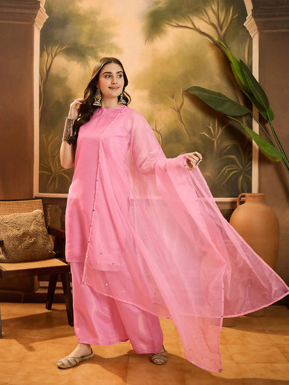 Boat Neck Sleeveless Organza Straight Kurta With Sharara & Dupatta