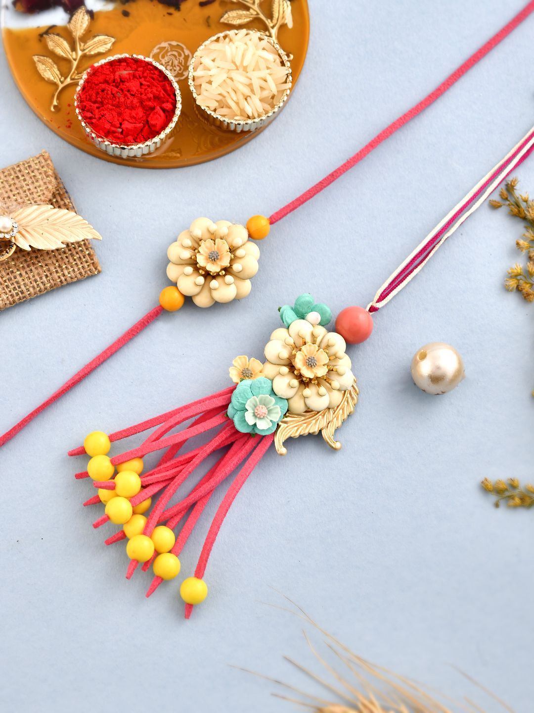 Dhiyona Pink Set Of 2 Bhaiya Bhabhi Lumba & Thread Rakhis With Roli Chawal