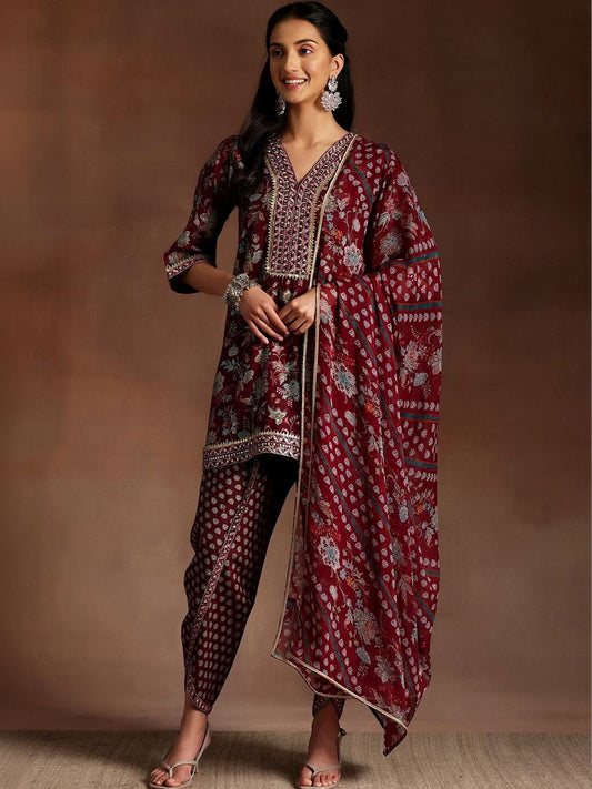 Women Floral Printed Regular Gotta Patti Kurti with Dhoti Pants & With Dupatta