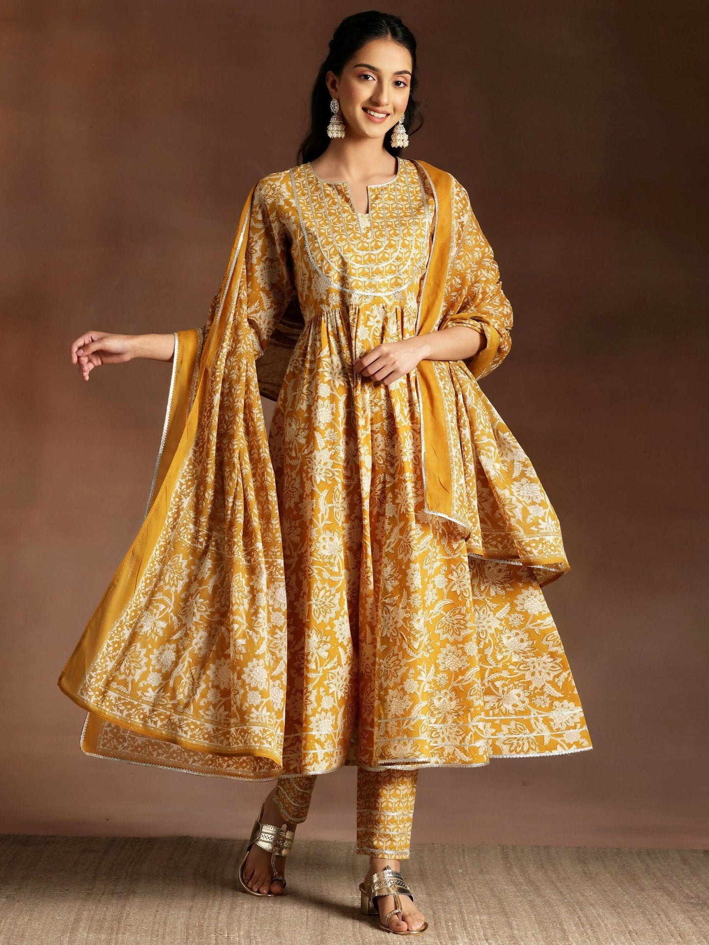 Women's LB Mustard Printed Cotton Anarkali Suit With Dupatta