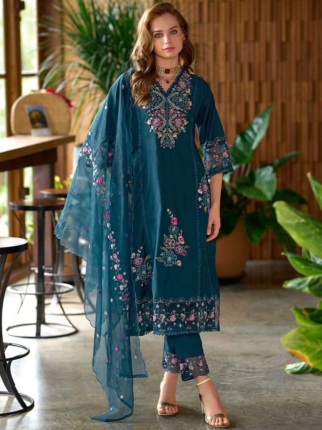Dhiyona IE Women Floral Embroidered Panelled Sequinned Kurta with Trousers & Dupatta