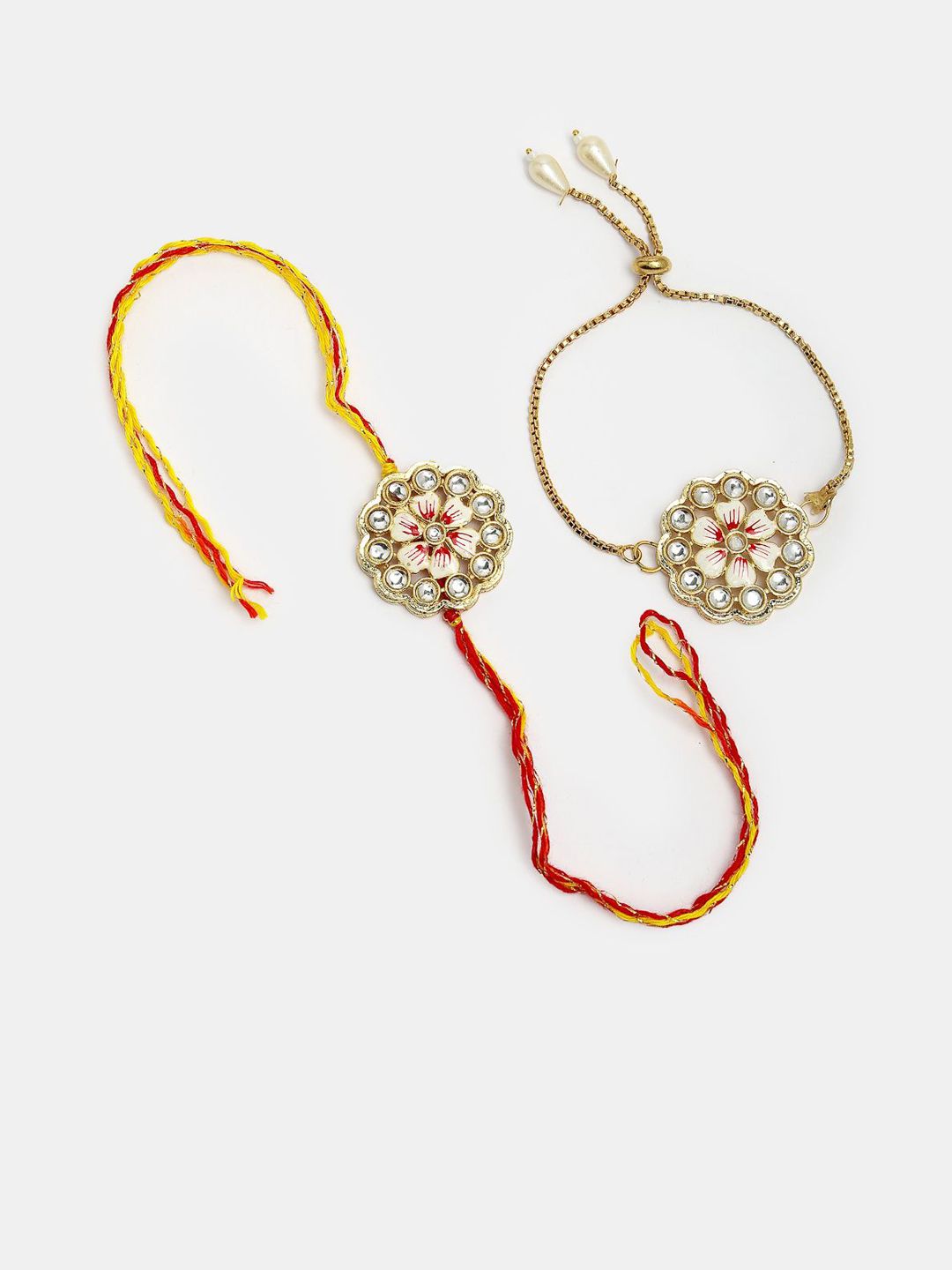Dhiyona Unisex Set Of 2 Gold Kundan-Studded Bhaiya Bhabhi Rakhi Set With Roli Chawal