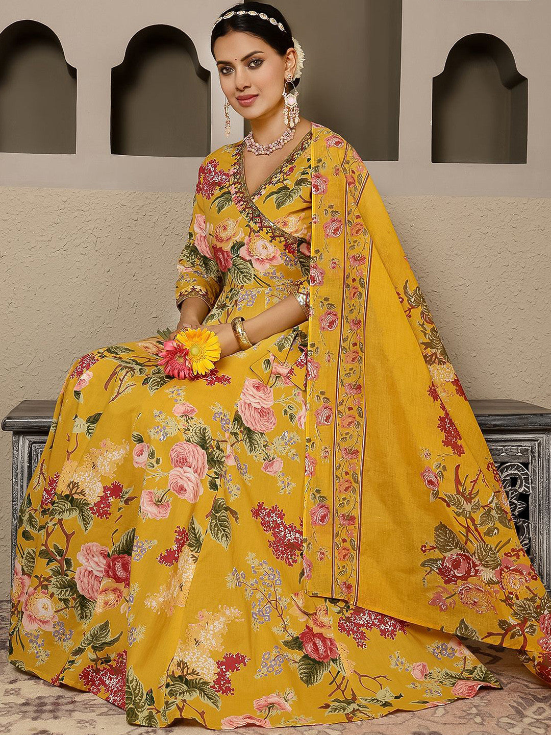 Women Floral Printed Pure Cotton Anarkali Kurta with Trouser & Dupatta