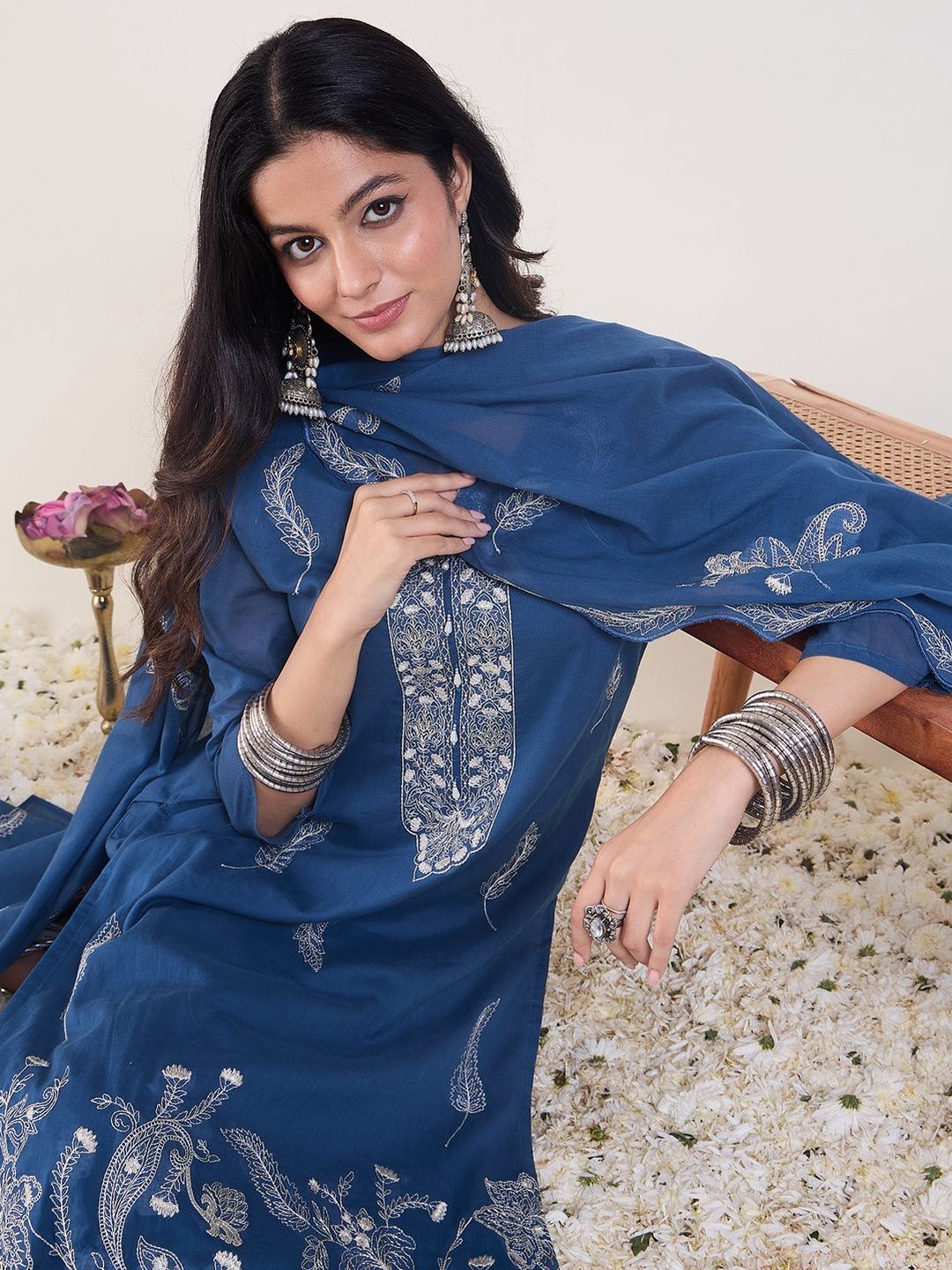 Embroidered Notch Neck Thread Work Pure Cotton Kurta With Trousers & Dupatta