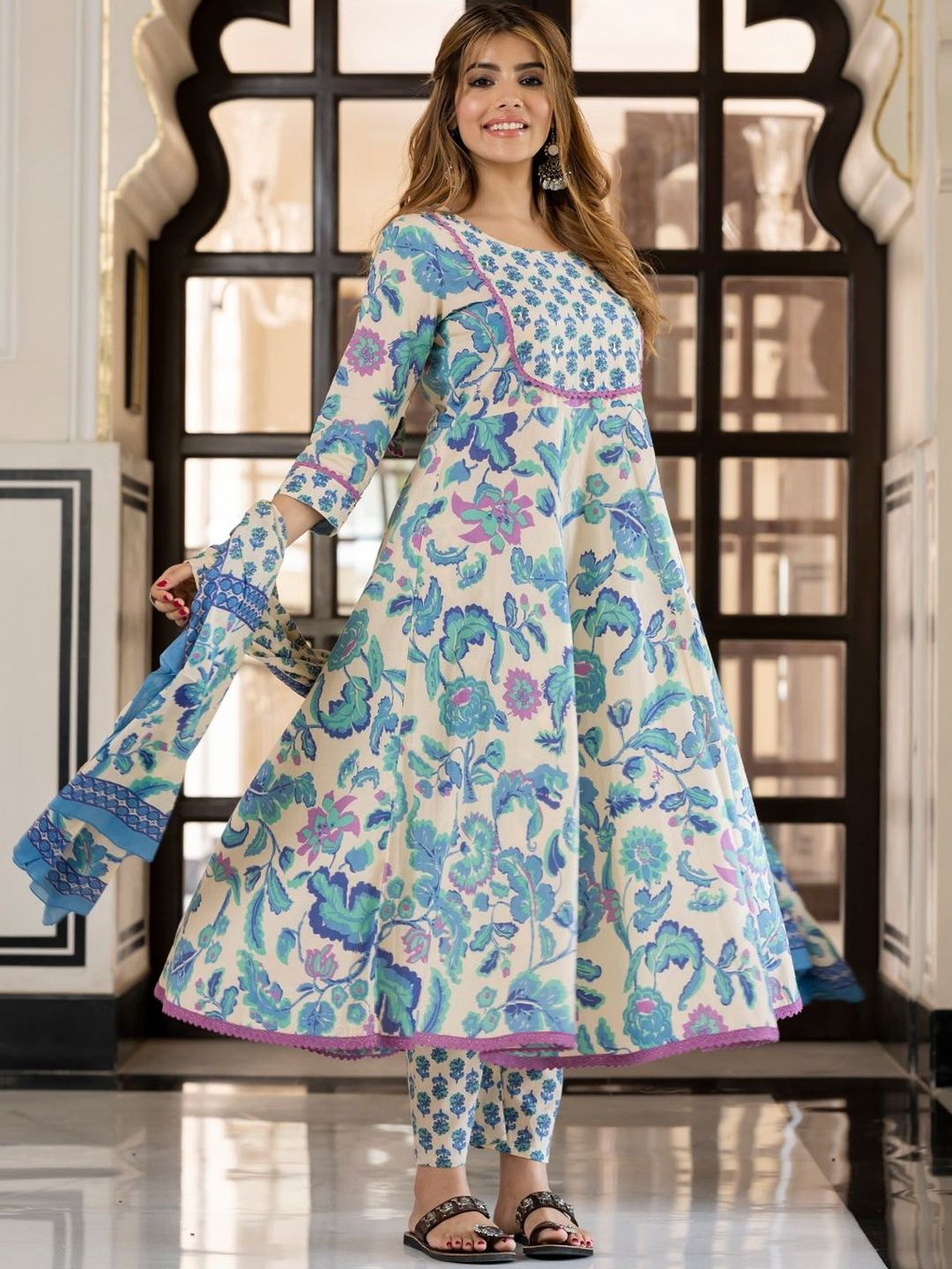 Dhiyona KL Kalini Women Floral Printed Pure Cotton Anarkali Kurta and Trousers With Dupatta