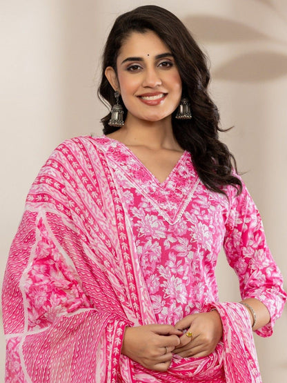 Women Floral Printed Regular Thread Work Pure Cotton Kurta with Trousers & Dupatta