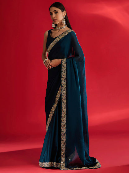 Women's Satin Blue Embellished Designer Saree With Blouse Piece