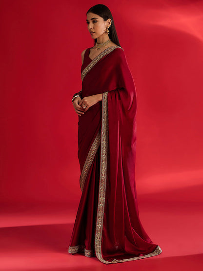 Women's Satin Maroon Embellished Designer Saree With Blouse Piece