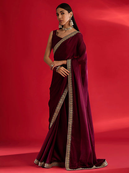 Women's Satin Magenta Embellished Designer Saree With Blouse Piece
