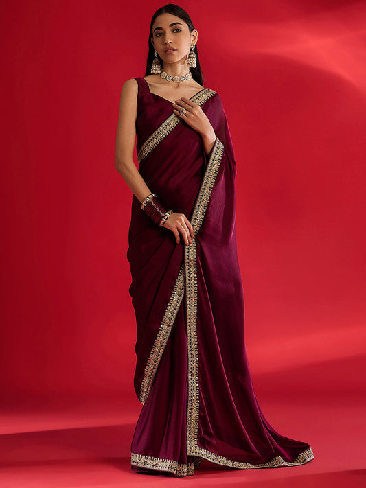 Women's Satin Magenta Embellished Designer Saree With Blouse Piece