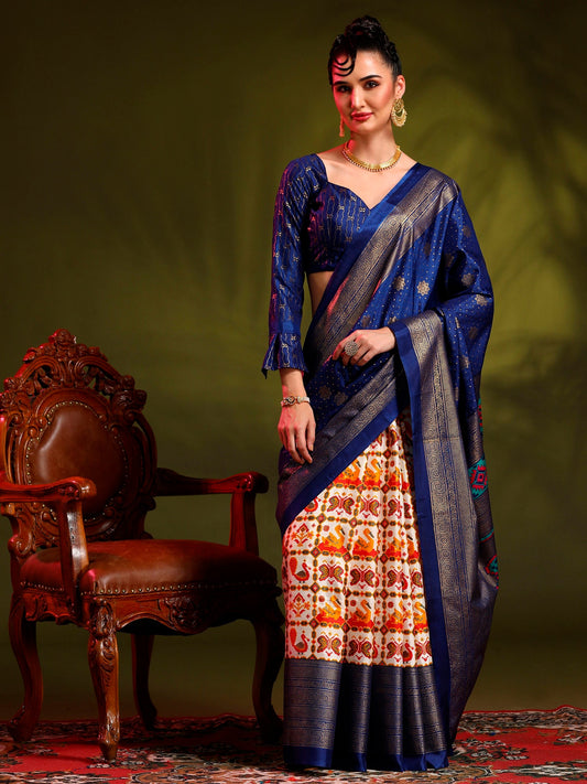 Women's Dola Silk Blue Printed Designer Saree With Blouse Piece