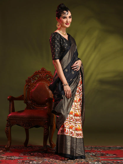 Women's Dola Silk Black Printed Designer Saree With Blouse Piece