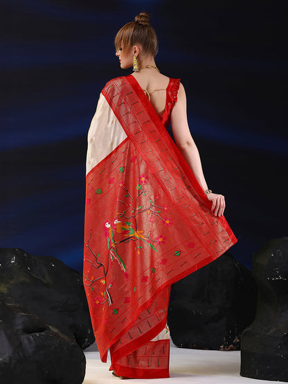 Women's Dola Silk Cream Printed Designer Saree With Blouse Piece