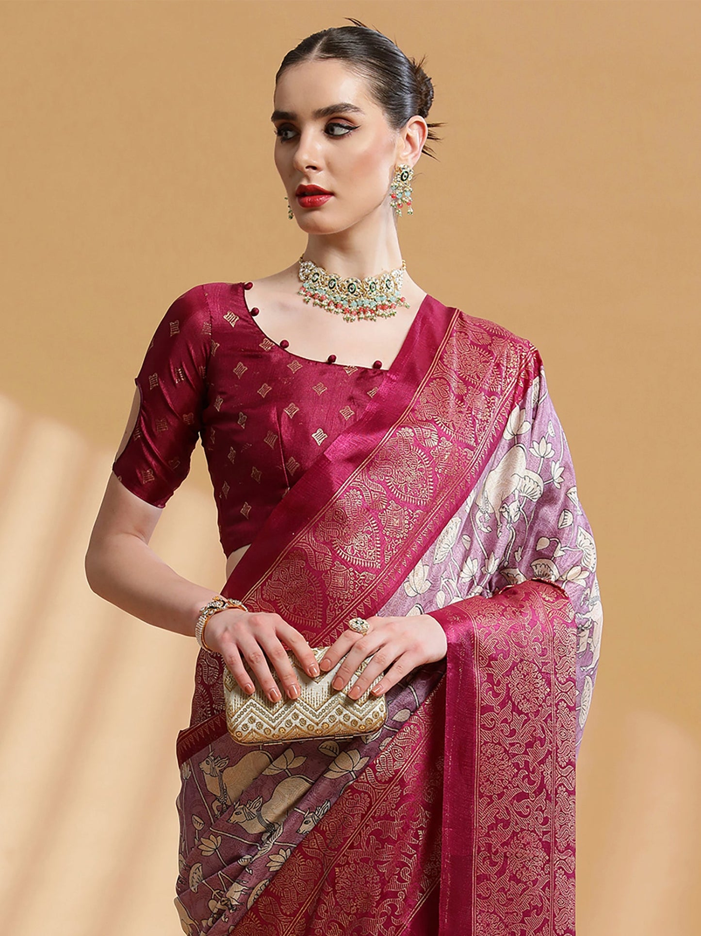 Women's Dola Silk Mauve Printed Designer Saree With Blouse Piece