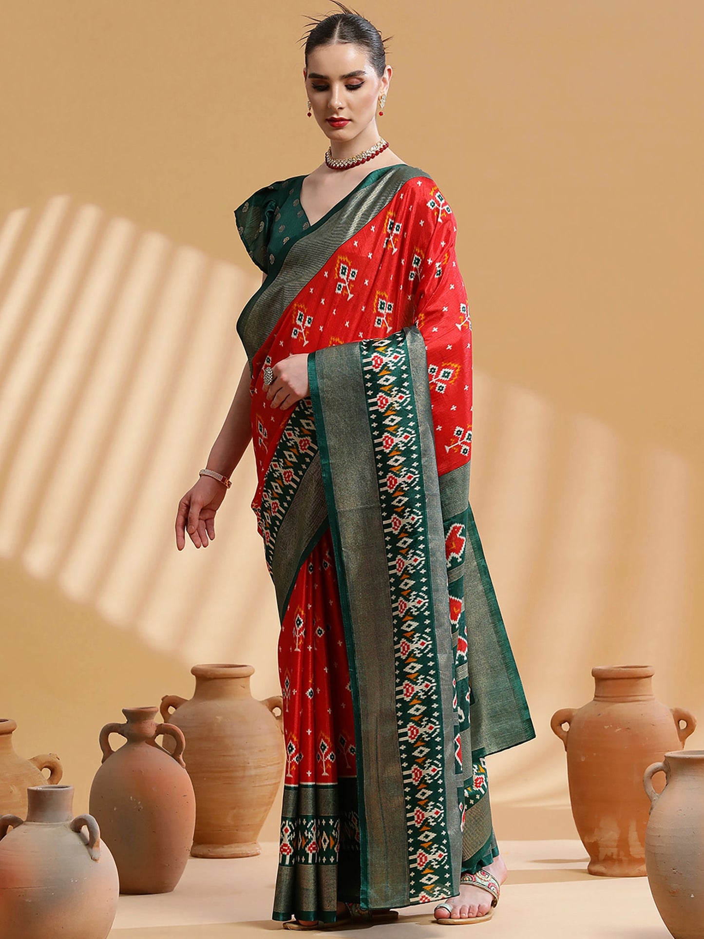 Women's Dola Silk Red Printed Designer Saree With Blouse Piece