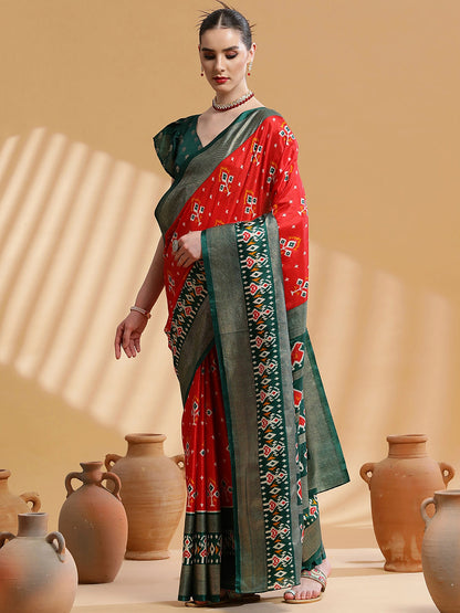 Women's Dola Silk Red Printed Designer Saree With Blouse Piece