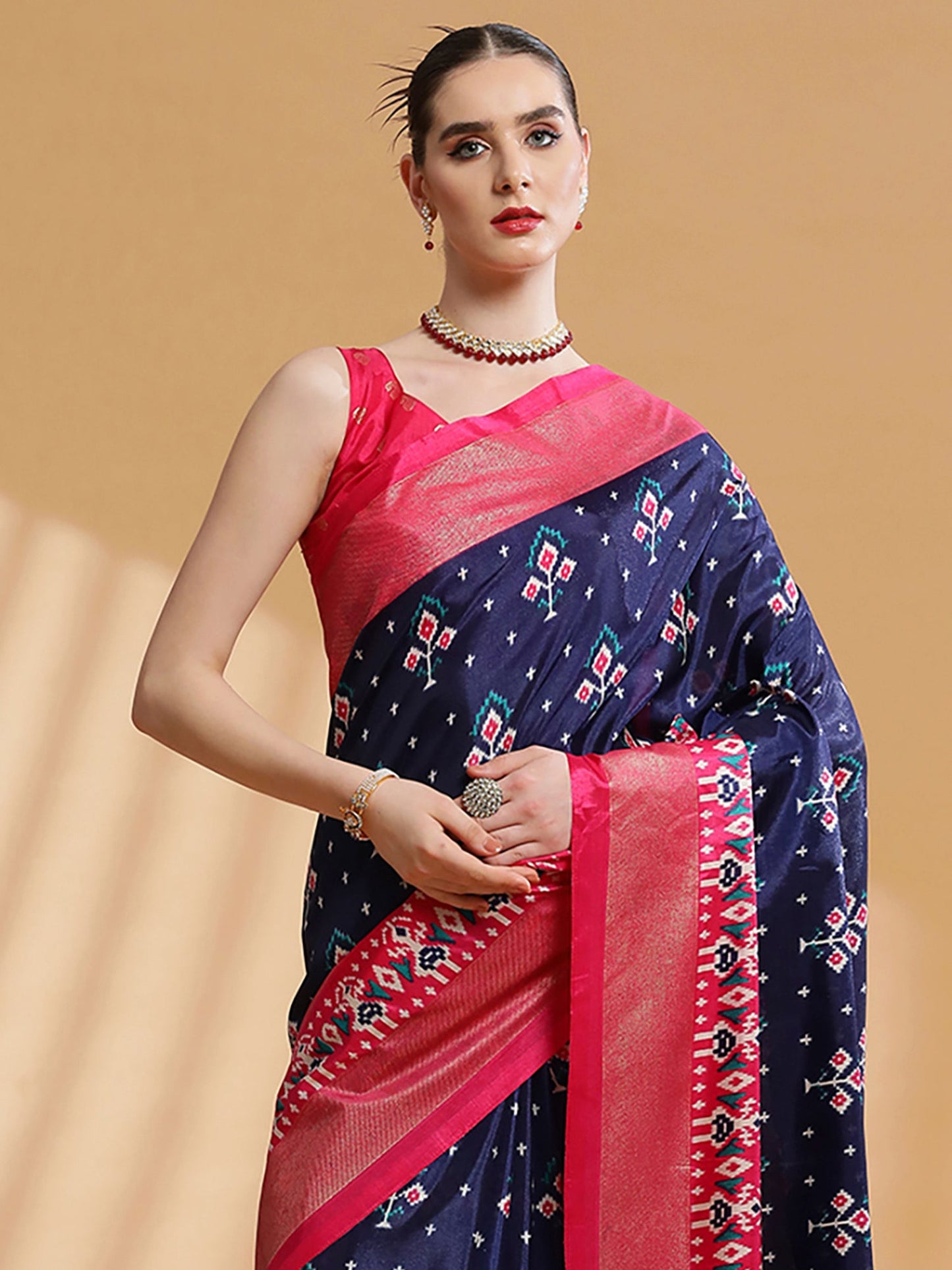Women's Dola Silk Navy Blue Printed Designer Saree With Blouse Piece