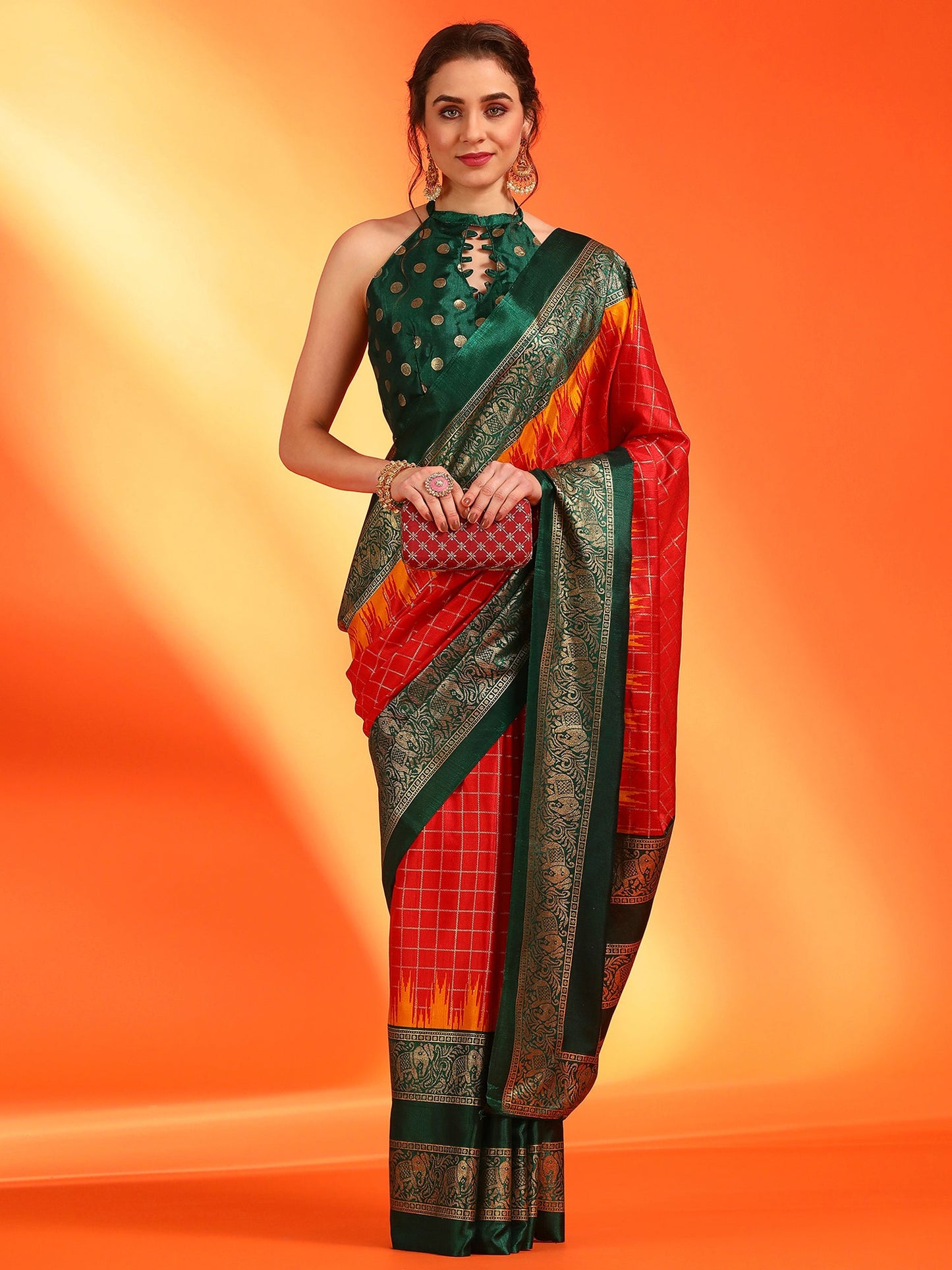 Women's Dola Silk Red Printed Designer Saree With Blouse Piece
