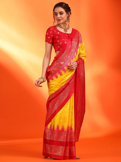 Women's Dola Silk Yellow Printed Designer Saree With Blouse Piece