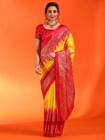 Women's Dola Silk Yellow Printed Designer Saree With Blouse Piece