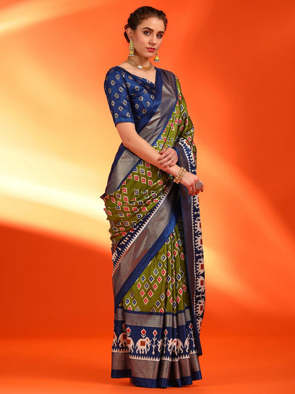 Women's Dola Silk Green Printed Designer Saree With Blouse Piece