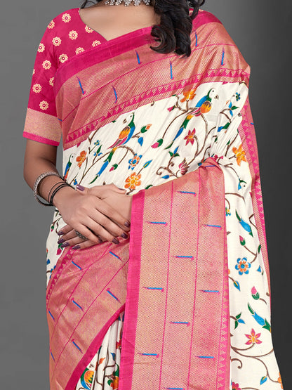 Women's Dola Silk Off White Printed Designer Saree With Blouse Piece