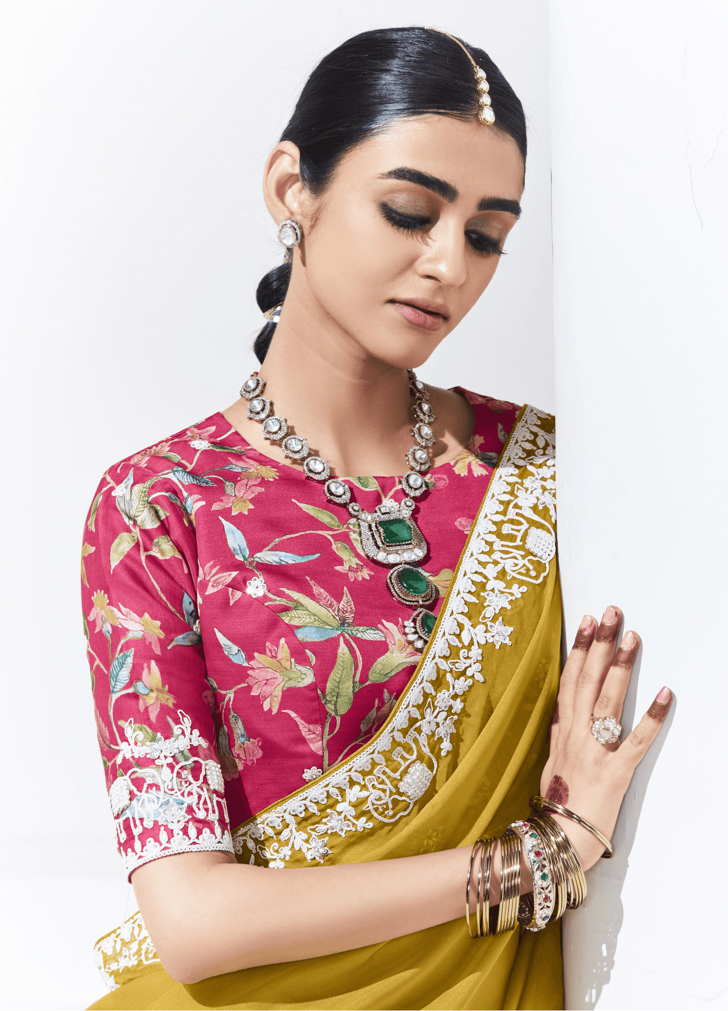 Dhiyona KM Women Mustard Yellow Saree With Floral Blouse “ A Perfect Blend Of Tradition & Style