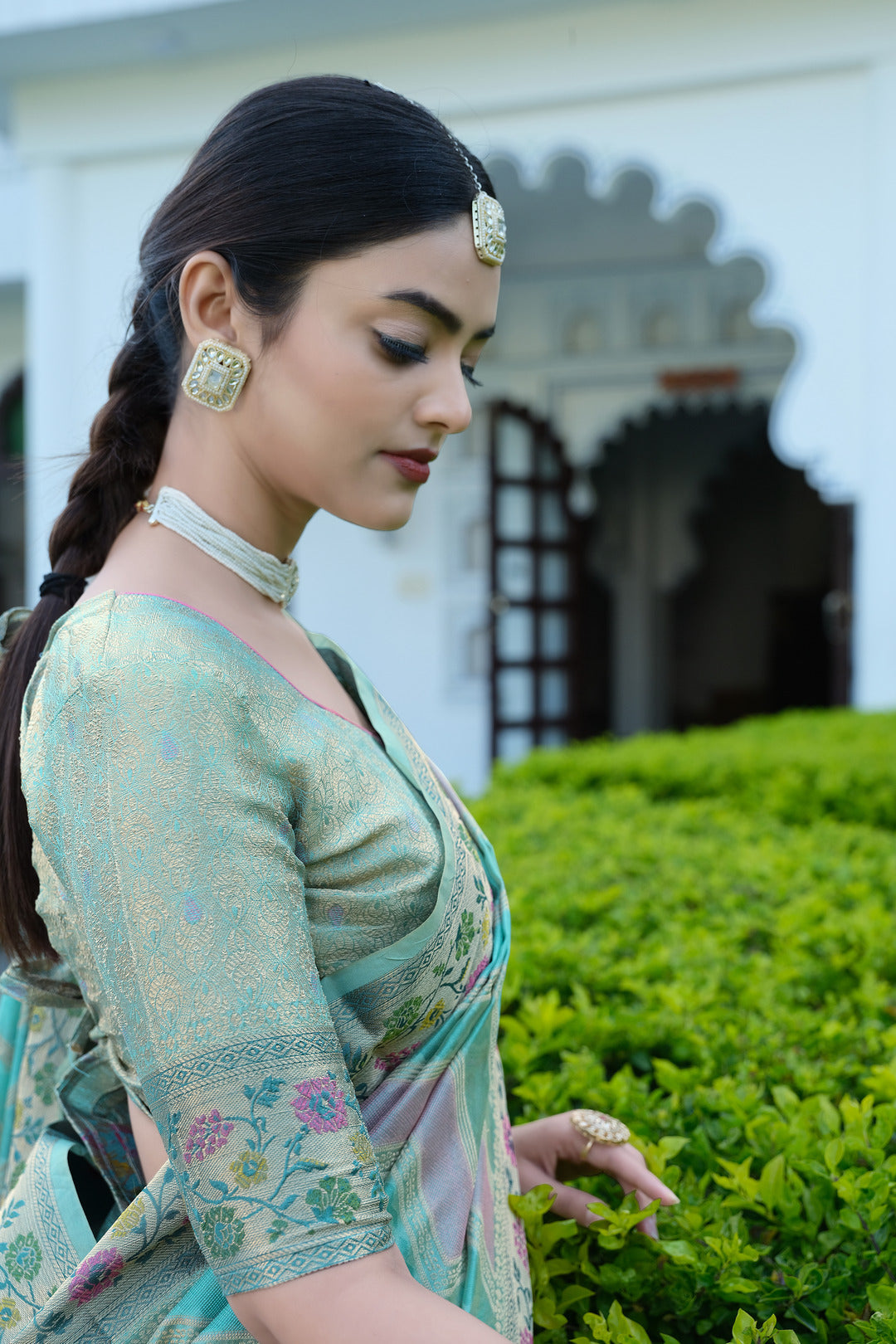 Dhiyona GR Women's Rangkat Baby Blue Leheriya Design Banarasi Organza Saree