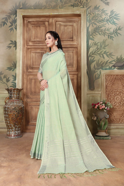 Dhiyona GR Women's Rangrez Raw Green Soft Linen Solid Woven Saree